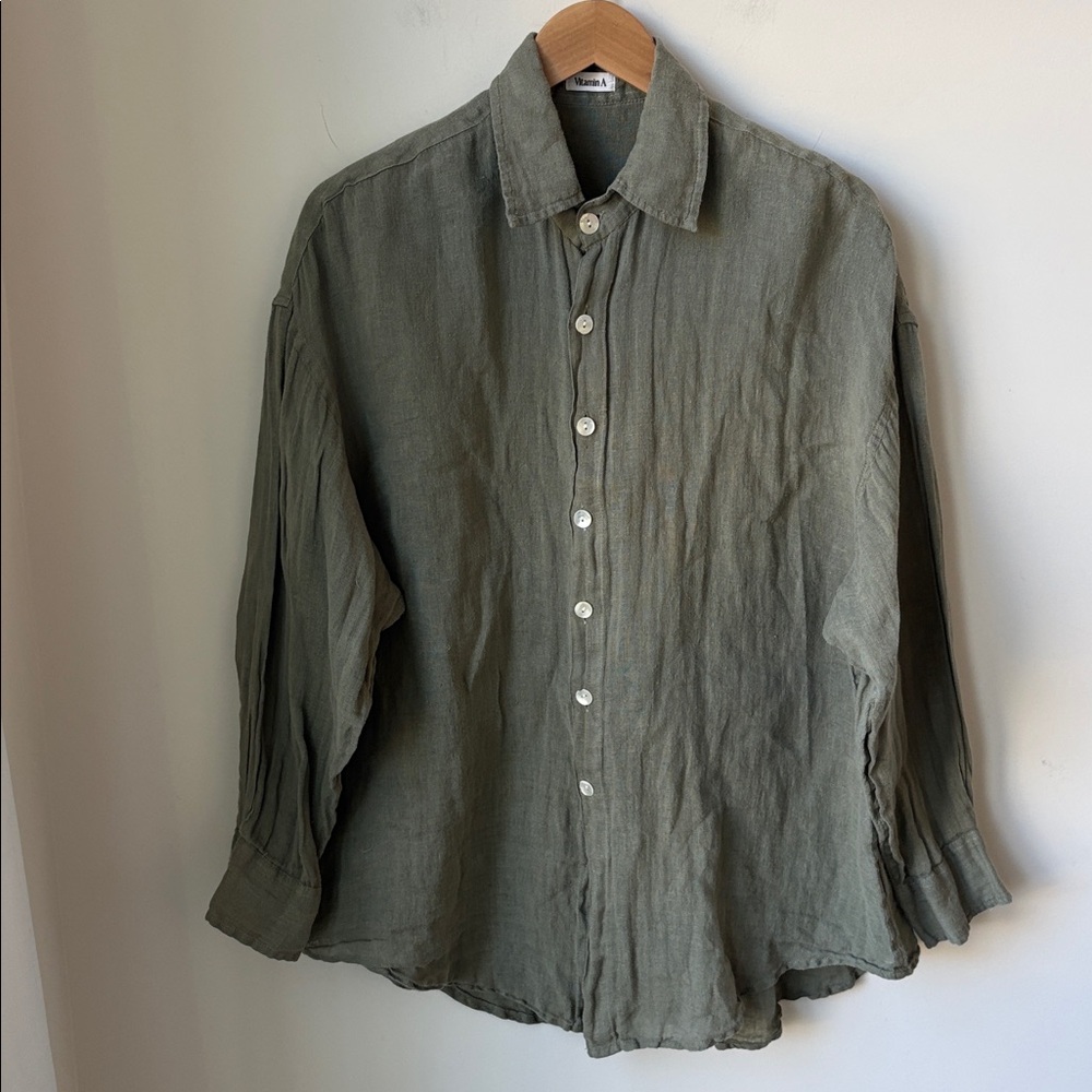Vitamin A Playa Boyfriend Shirt Coverup 100% Linen in Green Button Front Size M
